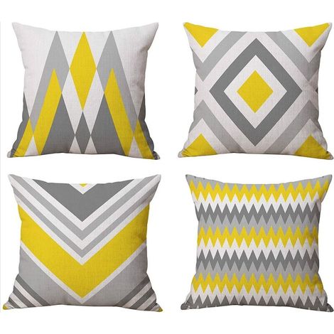 Jaune et Gris Housse de Coussin 4 pièces de Coton Lin Durable Coussin Taie d'oreiller 18 X 18 Pouces 45 x 45 cm Motifs imprimés Décoration de la Maison (1/5)