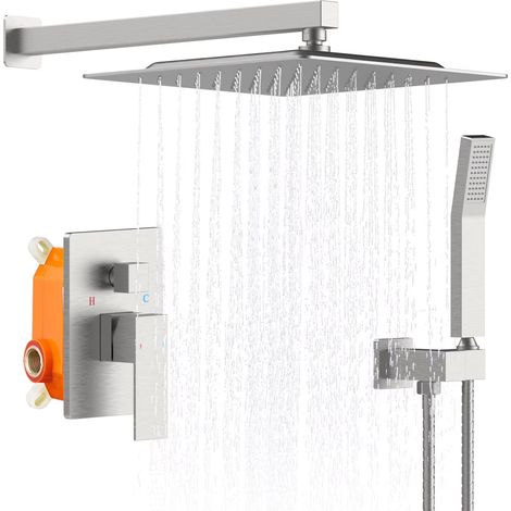 Ensemble de douche mural en nickel brossé - Pommeau de douche carré effet pluie de 30 cm et douchette à main, comprenant une vanne d'encastrement en laiton nickelé brossé (1/5)