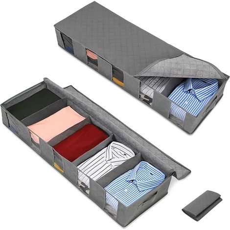 Sac de Rangement sous Lit,Closet Organizer Sac Souple, Boitea de Rangement Pliable,Tiroir sous Lit à L'abris de la Poussière pour Vetements Couvertures 2 pièces Gris (1/5)