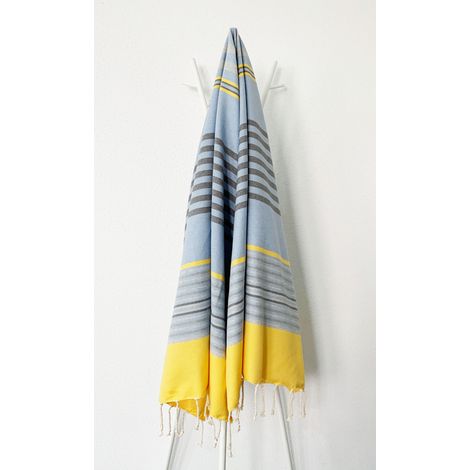 Fouta 100x200 Five Jaune, gris, bleu - 100% coton - franges
