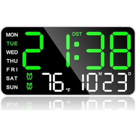 Horloge murale numérique LED 10 pouces avec date, semaine, température, double alarme, luminosité réglable, grande horloge murale pour salon, chambre, bureau (Vert)