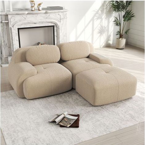 Canapé d'angle 208x178x75cm velours côtelé beige - Canapé Modulable - 2 places, mousse 32D, sans montage, base antidérapante (1/5)