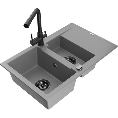 Mexen Gaspar 1,5-Becken-Granitspüle mit Abtropffläche und Mischbatterie Duero, Grau - 6507-71-671600