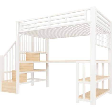 Cama alta 90 x 200 cm de metal y MDF blanco con escritorio y almacenaje (1/5)