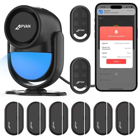 Alarme Maison sans Fil, 2.4GHz WiFi PIR Détecteur de Mouvement avec Alertes APP, PIR Alarme Hôte + 2 Télécommandes + 6 Capteurs de Porte/Fenêtre,Noir (1/5)