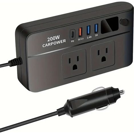 Station de recharge pour voiture 200 W, chargeur de voiture 12 V vers 220 V/110 V, convertisseur multifonctionnel pour voiture (1/4)