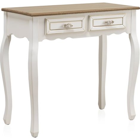 Console blanche en bois avec deux tiroirs et poignées feuille - Blanc encalé et plateau marron naturel (1/4)