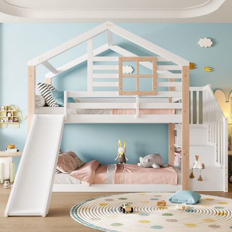 Lit superposé enfant 90x200 cm en bois massif avec toboggan, escalier et rangements, style scandinave (1/5)