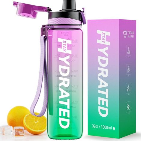 Gourde Fitness Motivante 1L – Graduations Horaires, Large Ouverture – Tritan Sans BPA, Étanche – Pour Sport et Plein Air – Violette (1/5)