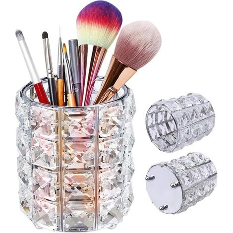 Organisateur de pinceaux de maquillage élégant en cristal argenté, boîte à outils durable en métal et cristal pour un rangement multifonctionnel, coiffeuse glamour (1/5)