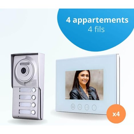Portier interphone vidéo CLASSIC 4 Fils - 4 appartements - 4 écrans blancs 7" - avec mémoire photos