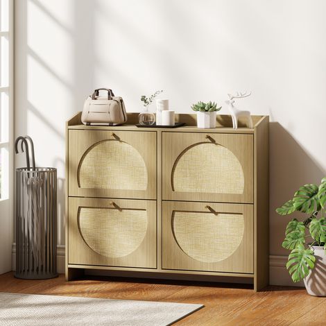 Zapatero Estrecho con 4 Puertas de Ratán con Estantes Ajustables para 16 Pares de Zapatos 104,5x24x88 cm Natural (1/5)