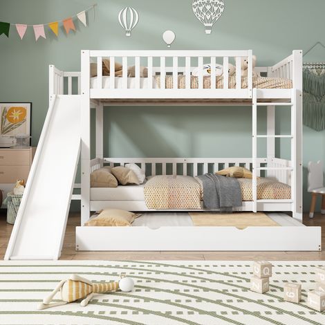 Lit superposé enfant 90x200/90x190 avec lit gigogne, toboggan, blanc DESVIAE (1/5)