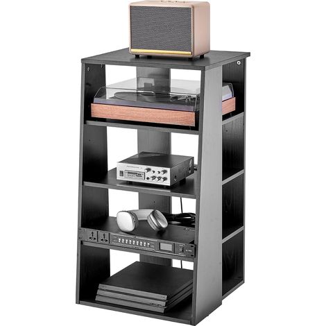 VEVOR Supporto Multimediale AV 5 Livelli , Supporto TV Angolare, Ripiani in Legno Regolabili in Altezza, Supporto in Legno per Lettori DVD Decoder e Sala di registrazione, Mobiletto Portaoggetti Nero
