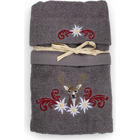 Ensemble de serviettes Tyrolienne Cerf et Edelweiss Gris - Tyrol - Terry 100 % Coton - Broderie Made in Italy