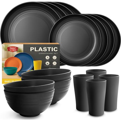 Service De Table 16 Pièces Incassable En Plastique Pour 4 Personnes - Assiette, Assiette à Dessert, Bol, Tasse, Sécurité Lave - Vaisselle, Vaisselle De Camping En Plastique Léger - Noir (1/5)