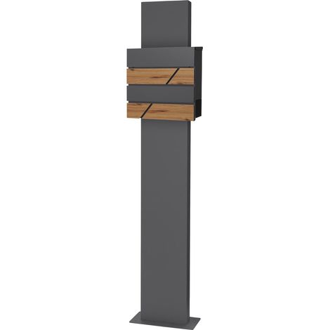 ECD Germany Cassetta Postale Antracite / Frontale Aspetto di Legno 37 x 36,5 x 11 cm con Supporto a Colonna in Acciaio 35x170x18 cm Tubo Giornali e Inserto per Lettere Grande Kit di Montaggio (1/5)