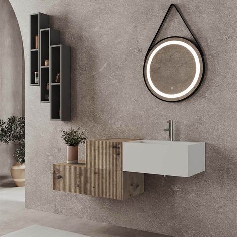 Mobile sospeso 100 cm cannettato rovere naturale lavabo in resina Tevere (1/5)