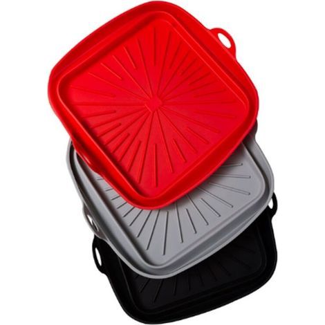 Moule Silicone Air Fryer, 3 Pièces Moule Panier Friteuse à Air Chaud Réutilisable Airfryer Plat Carré Pliable Doublure Liners pour Friteuse Air, Micro-ondes, Four (Rouge+Noir+gris) (1/5)
