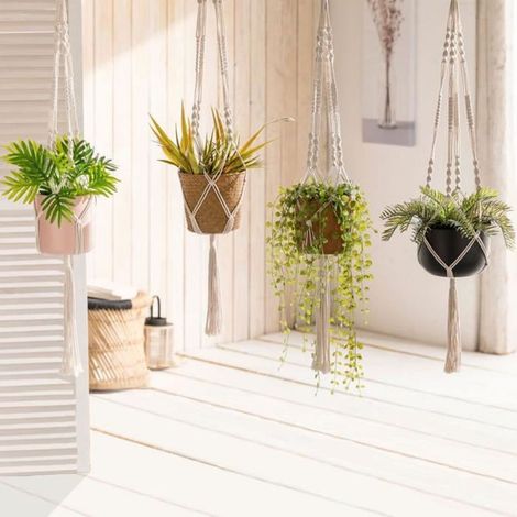 4 porte-plantes macramé, hauteur 120 cm, style bohème, suspension murale ou balcon, pour intérieur et extérieur (1/4)