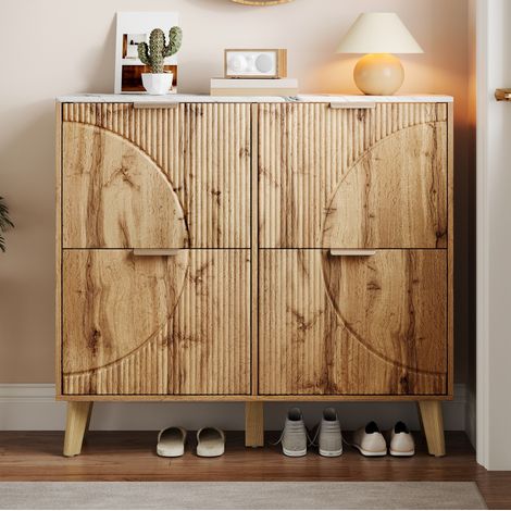 Scarpiere 105x24x95,5 cm naturale in MDF con ante a ribalta, piano effetto marmo e gambe in legno massiccio (1/5)