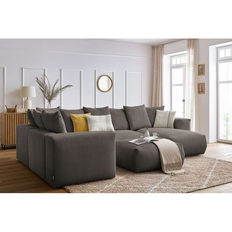 BOBOCHIC - Canapé panoramique fixe modulable VOLTAIRE avec 1 méridienne, 1 angle, 2 chauffeuses et 1 pouf Angle droit  Taupe (1/5)