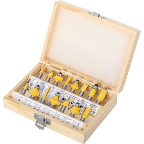 Coffret de 15 fraises à bois en tungstène, queue de 8 mm, avec clé, couleur jaune. (1/5)