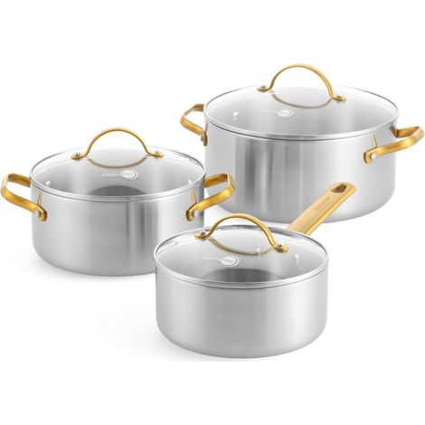 6 pièces acier inoxydable-batterie de cuisine avec couvercles en verre, faitouts et casseroles, triple couche, compatible induction, poignée dorée en acier inoxydable (1/5)