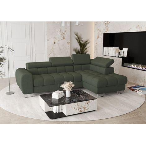 Ecksofa Schlafsofa BASTIEN in Stoff Gemma Dunkelgrün Ottomane Rechts