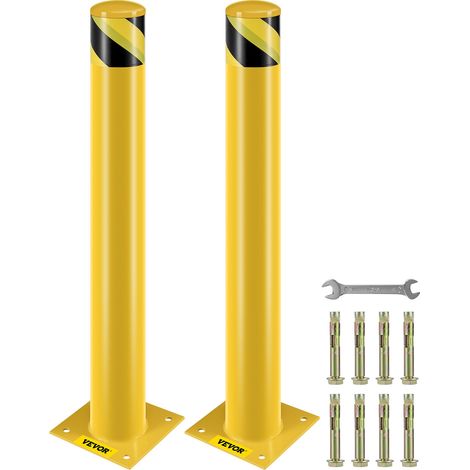Bollard de Sécurité 91x11,4 cm 2PCs, Borne de Sécurité en Tuyau d'Acier, Revêtement en Poudre Jaune, Barrière de Sécurité avec 8 Boulons d'Ancrage pour Parking, Stationnement, Piétons, Écoles (1/5)