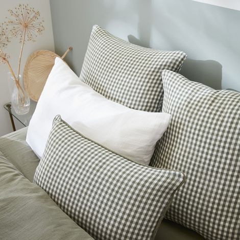 Taie d'oreiller gaze de coton imprimé vichy 60x60 Kaki
