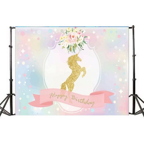 Toile de Fond en Tissu Pictural pour Photographie Garçon et Filles Licorne Dorée 90x150cm sans Couture Anti-Rides et Célébrations d'anniversaire (1/5)
