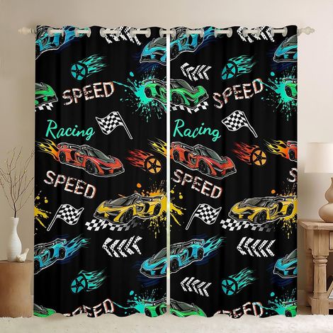 Rideau Occultant 140x260 cm Cartoon Sportwagen, Rideau Voiture de Course Colorée, Rideaux Voilage Jeux de Sport Extrême, Voilage Fenetre Voitures de Vitesse Froide pour Chambre Salon - 140L X 260H cm (1/5)