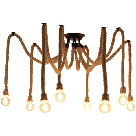 royaluxe- Lampe À Suspension en Corde de Chanvre 8XE27 Plafonnier Vintage Lampe Suspendue Rétro Pour Salon, Salle À Manger, Bar, Balcon