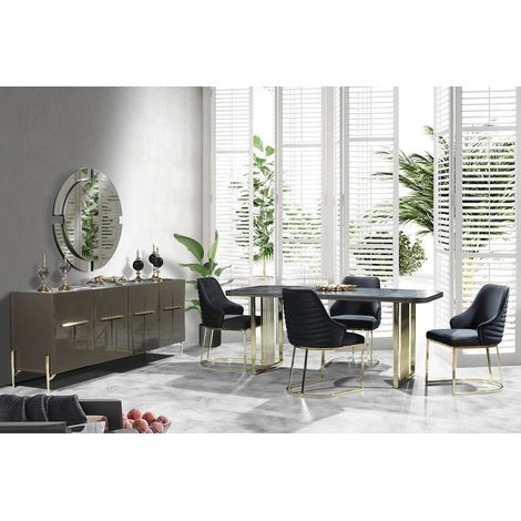 Comedor completo FELIX con 4 sillas efceto marmol negro y dorado