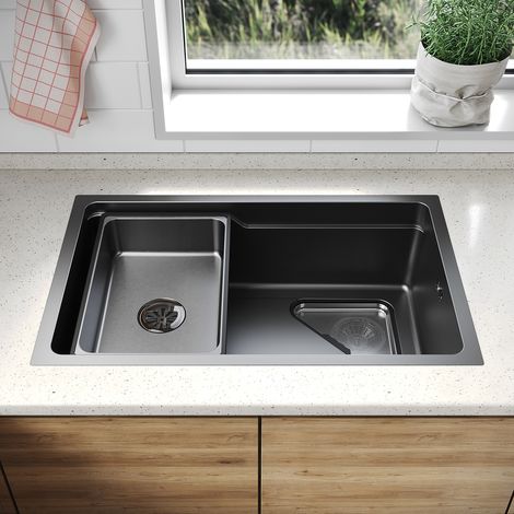 SONNI 304 SUS Edelstahl Küchenspüle mit 1 Becken, Einbecken Unterbauspüle mit Abtropfkorb Dreieckiges Abfallsieb Schmale Seite, Schwarz, 70×43cm