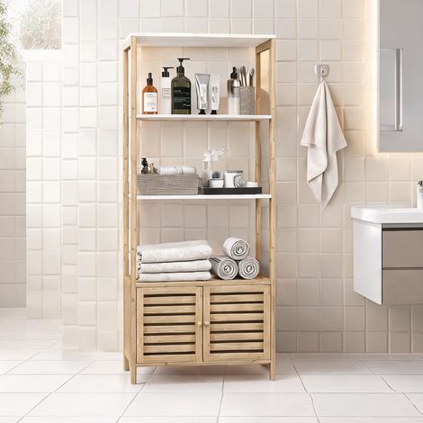 Meuble de rangement salle de bain en bambou colonne 3 étagères (1/5)