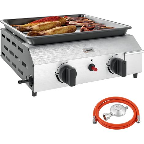 Outsunny Gasgrill 8000BTU/2,4 KW Grillwagen inkl 2 Edelstahl-Brenner Druckminderer Gasschlauch verstellbare Beine Kochplatte, BBQ Gartengrill für Balkon, Camping-Grill 44 x 44,5 x 19 cm