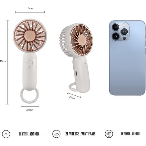 Ventilateur a main, Avec mousqueton, 3 vitesses, silencieux, léger et portable, faible consommation d'énergie, 500MAH, blanc (1/4)