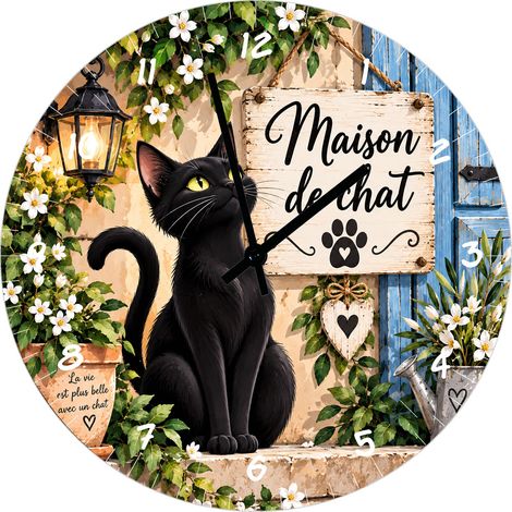 Horloge chat noir en verre 29 cm Maison de chat décor fleuri (1/2)