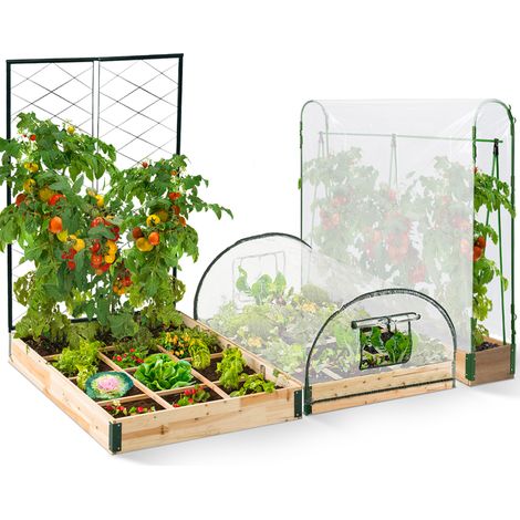 Idmarket – Carré potager en bois modulable 3 bacs 115 x 80 cm – Serre à tomates 115 x 30 cm – Treillis en métal – Housse de protection PVC