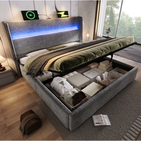Lit coffre 140x200 avec matelas inclus, tête de lit haute avec LED, USB et Type-C, gris HAVRYA (1/5)