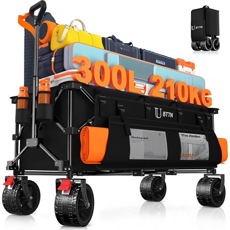 XXXL Chariot Pliable 300 L / 210 kg de capacité – avec freins, pneus larges 18×10 cm – Chariot pliable pour jardin, plage, camping et courses – Noir (1/5)
