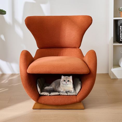 Fauteuil lounge en tissu et bois rouge brique 66x69x76 cm avec niche intégrée pour chat ou petit chien (1/5)