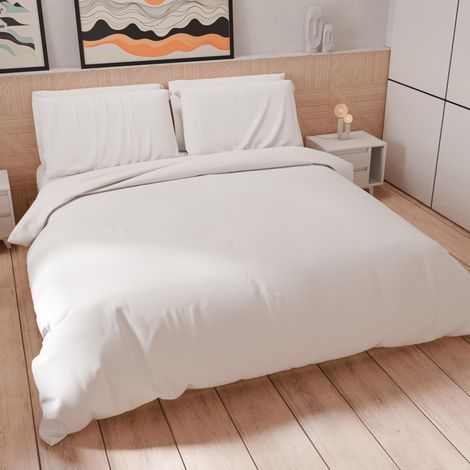 Parure de lit 1 Place et demie 200 x 200 cm 2 taies d'oreiller 80 x 80 cm incluses, Housse de Couette Douce en Microfibre Couleur Unie Blanche (1/5)