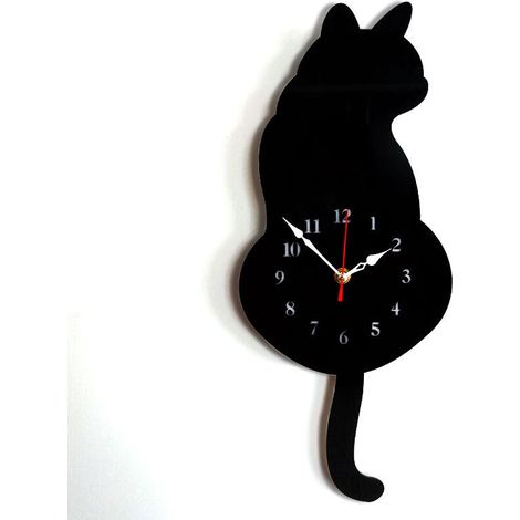 (42 cm x 18 cm) Noir Horloge murale créative en acrylique en forme de chat avec pendule à queue pivotante pour salon, chambre à coucher, cuisine, décoration d'intérieur  Batterie non incluse (1/4)