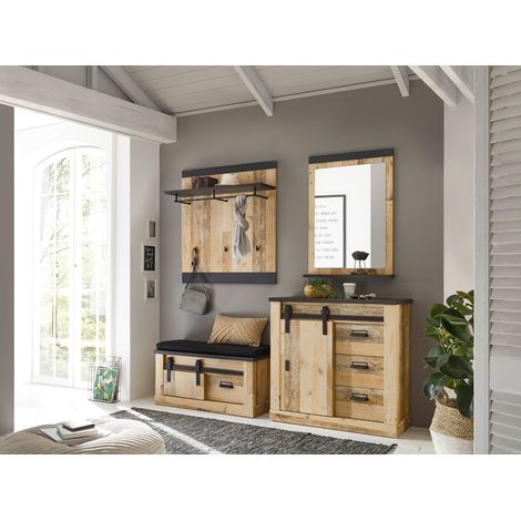 Garderobenschrank Set inkl. Spiegel SHELTON-61 in Old Style hell mit anthrazit, B/H/T: ca. 206/200/43 cm (1/5)