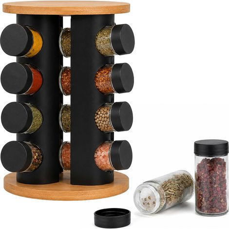 Relaxdays Spice Carousel, 16 jars, 360° rotating rack, H: 27x19.5 cm, bamboo & stainless steel, natural/black (1/5)