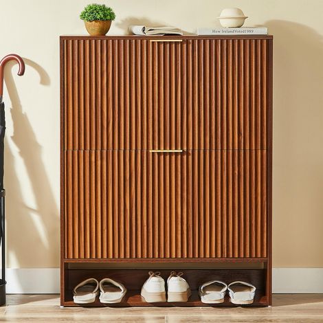 Meuble à chaussures , meuble d'entrée gain de place avec rangement chaussures , MDF style cannelé 2 portes abattantes étagères réglables 80x24x102 cm , Marron Noyer (1/5)