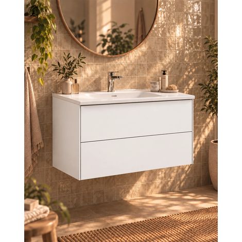 Mobile bagno 80x46 bianco opaco Prato e lavabo in ceramica bianco lucido (1/4)
